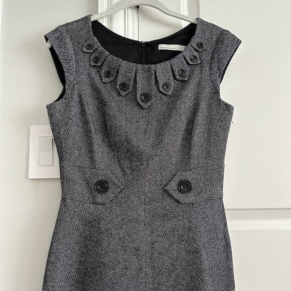 Karen Millen Grey Tweed Wool Blend Tailored Pencil Dress Neckline Detail US 6 - Picture 3 of 12